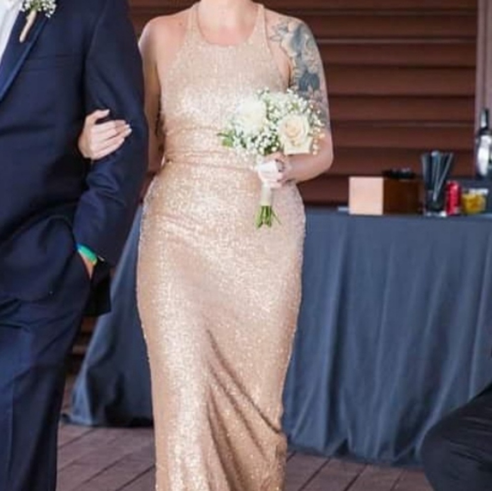 Gold formal long evening gown/bridesmaids dress
